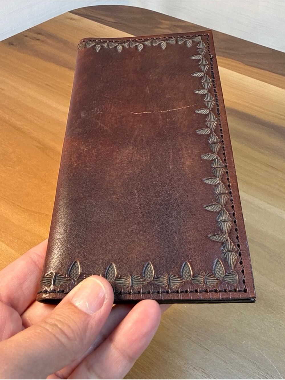 Leather Checkbook Wallet Tooled Floral Filigree Border Burgundy Unisex Rustic